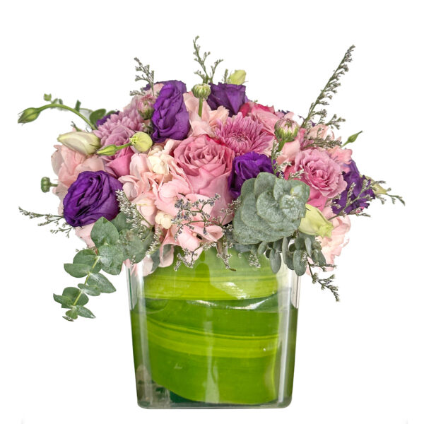 purple and pink roses in vase