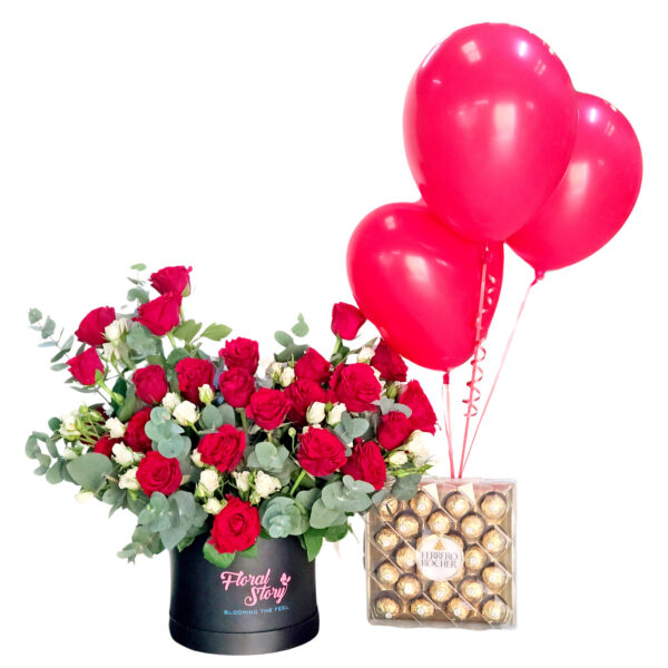 red-roses-in-balck-round-box-with-balloons-and-chocolate